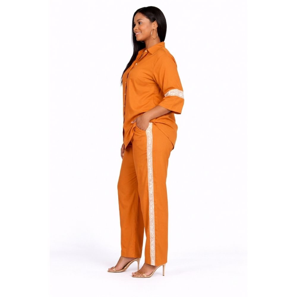 Womens Two Piece Button Up Top and Pants Set with Lace Trim